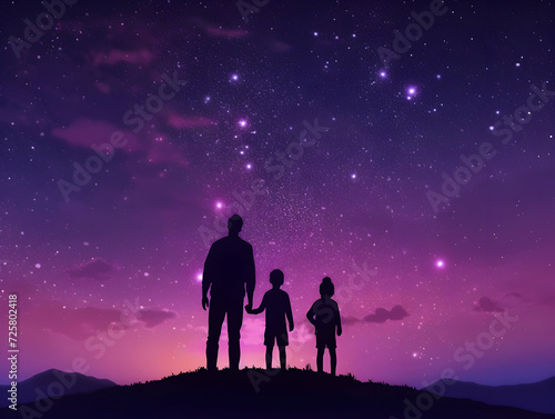 Silhouettes of family in the night sky with stars 