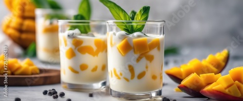 Delicious double colored mango panna cotta mousse pudding on wooden table background. photo