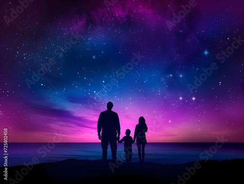 Silhouettes of family in the night sky with stars 