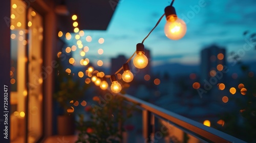 A garland of light bulbs hangs on a beautiful modern terrace.