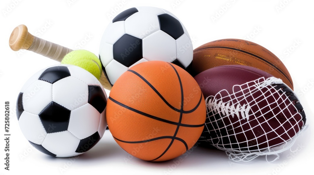 Assorted sports equipment including a basketball, soccer ball, tennis ball, baseball, bat, tennis racket, football and baseball glove on a white background