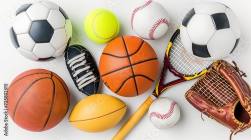 Assorted sports equipment including a basketball  soccer ball  tennis ball  baseball  bat  tennis racket  football and baseball glove on a white background