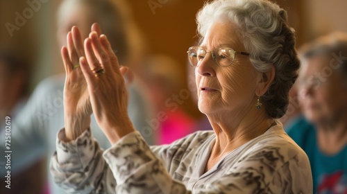 A senior woman with glasses clapping joyfully in a group setting
