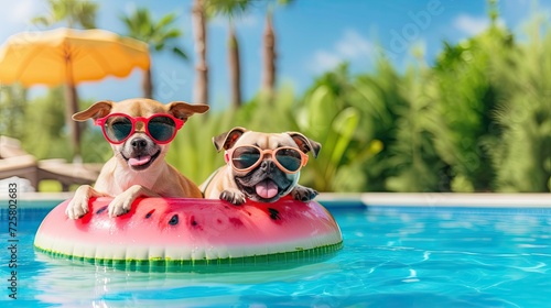two funny dogs going on vacations, licking their lips inside a watermelon inflatable ring, creating a playful and adorable scene, perfect for promoting summer pet products and travel accessories © pvl0707