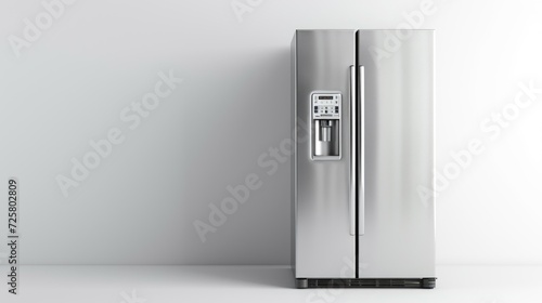 A stainless steel refrigerator is positioned against a clean white wall. This image can be used to showcase modern kitchen appliances or interior design concepts