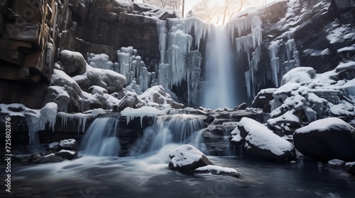 Photograph a partially frozen waterfall  with cascading icicles contrasting with the flowing water