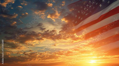 Patriotic Sunset: A captivating image of the American flag illuminated by the warm hues of a sunset, creating a patriotic and serene scene, american flag photo