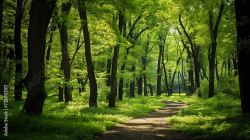 Picture a dense  vibrant green forest with sunlight filtering through the leaves