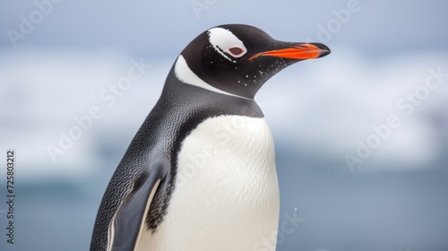 A close-up of the profile of the penguin one gentoo in Antarctica. Arctic animals  Birds  Winter concepts.