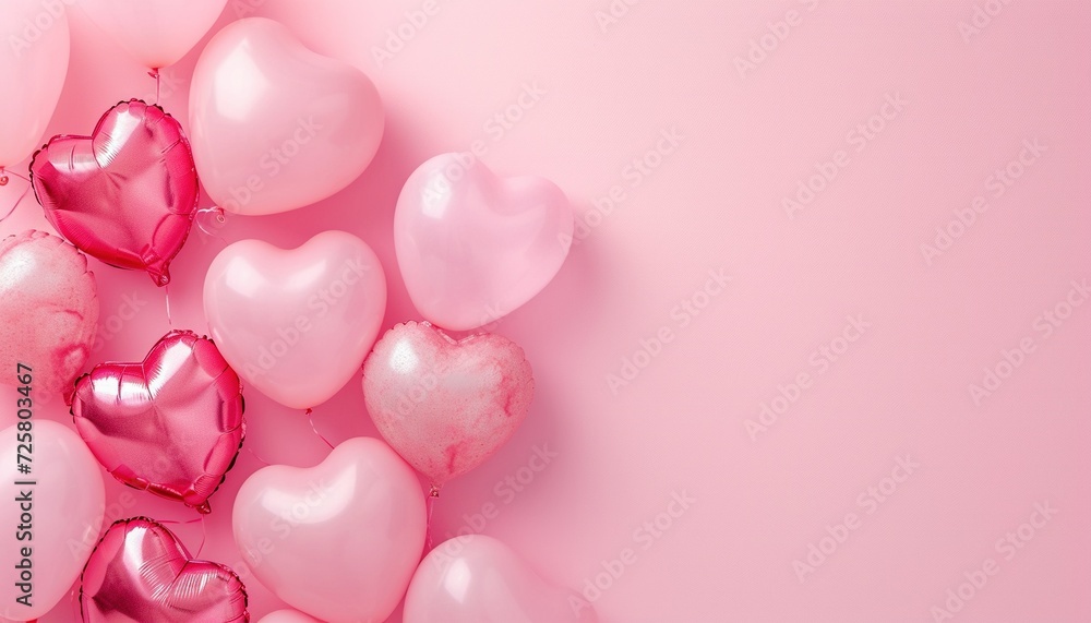 pink glossy heart shaped latex balloons isolated on pastel pink background. Copy space