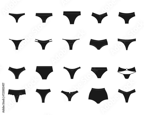 A set of Set of women panties underpants silhouettes. Vector illustration.panties; underwear; silhouette; woman; lingerie; garment; textile; clothes; illustration; set; collection; female; bikini; ele