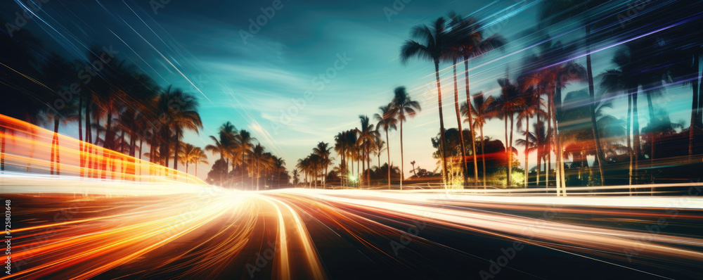 blurred traffic background on tropical landscape with palm trees