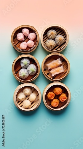Variety of traditional Asian dim sum in an elegant bamboo steamer on a light pastel background. Concept: food culture, culinary master classes and gourmet dinners 