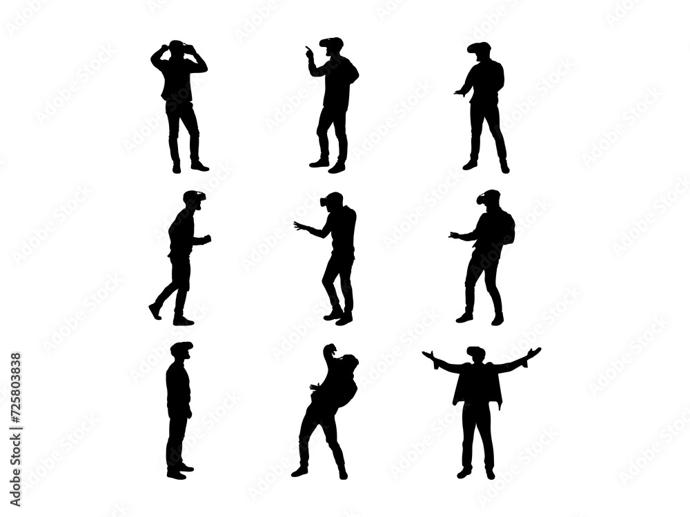 Set of man using virtual reality headset glasses playing VR games Silhouette in various poses isolated on white background