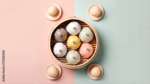 Variety of traditional Asian dim sum in an elegant bamboo steamer on a light pastel background. Concept: food culture, culinary master classes and gourmet dinners
 photo