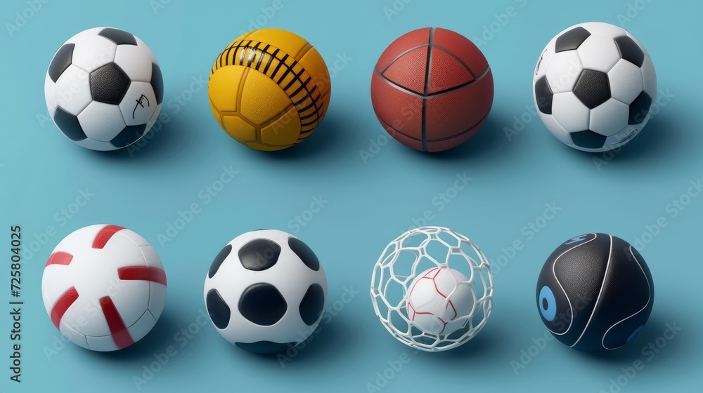 Collection of 3d sport and ball icon collection isolated on blue, Sport and recreation for healthy life style concept