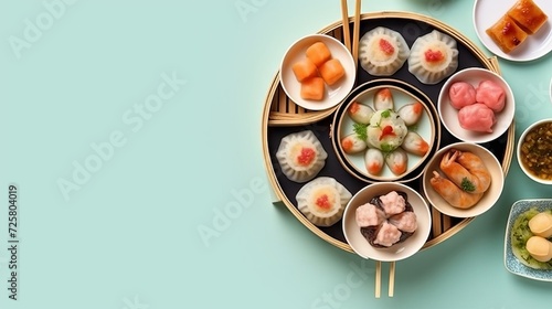Variety of traditional Asian dim sum in an elegant bamboo steamer on a light pastel background. Concept: food culture, culinary master classes and gourmet dinners
 photo