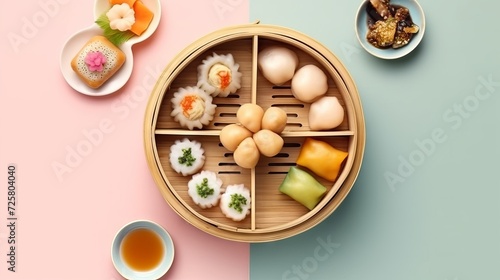 Variety of traditional Asian dim sum in an elegant bamboo steamer on a light pastel background. Concept: food culture, culinary master classes and gourmet dinners 