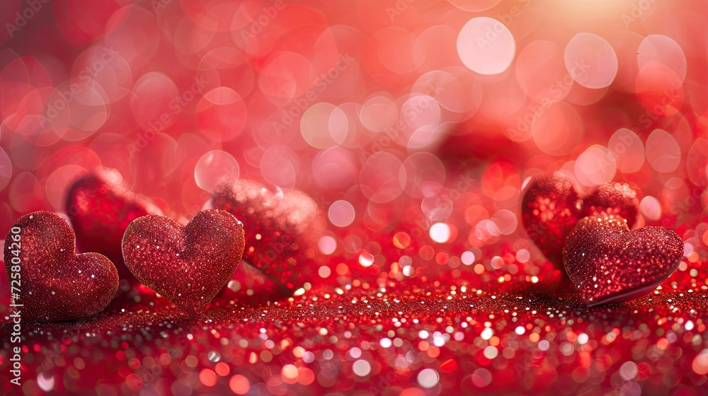 An abstract defocused Valentines card with red hearts on shiny glitter, creating a romantic and festive atmosphere, perfect for expressing affection and sending Valentine's greetings An abstract defocused Valentines card with red hearts on shiny glitter, creating a romantic and festive atmosphere, perfect for expressing affection and sending Valentine's greetings