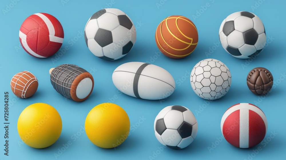 Collection of 3d sport icon collection isolated on blue, Sport and recreation for healthy life style concept