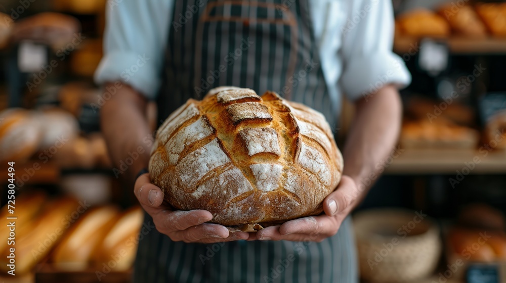 A baker stands in a bakery and holds a loaf of freshly prepared warm bread in his hands.