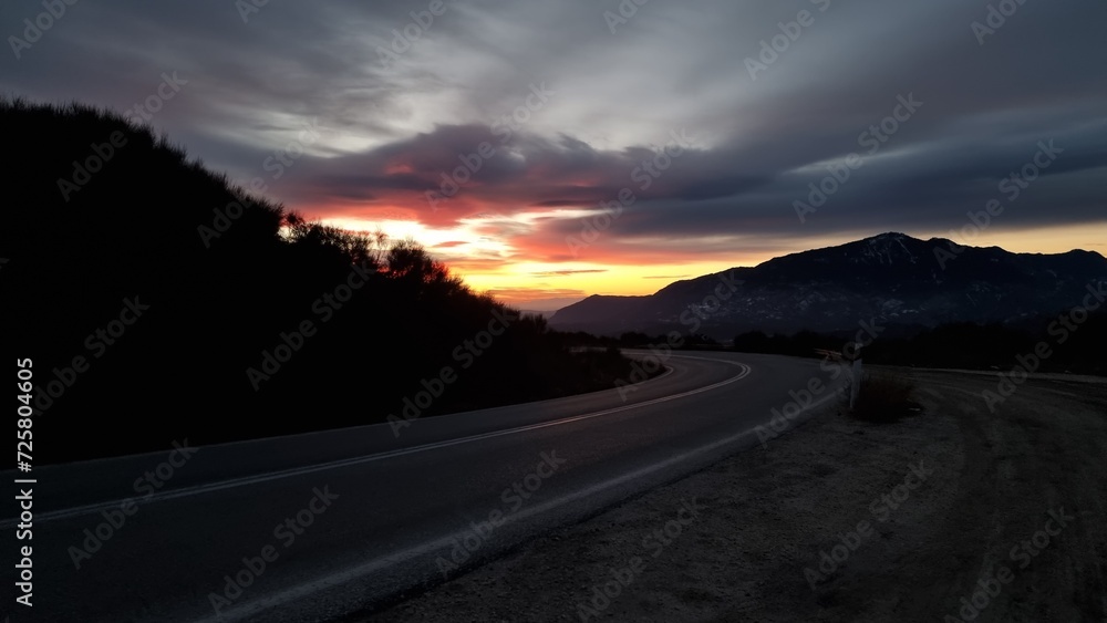 road street sunrise morning colors travel by the car colorfull sky background trikala greece
