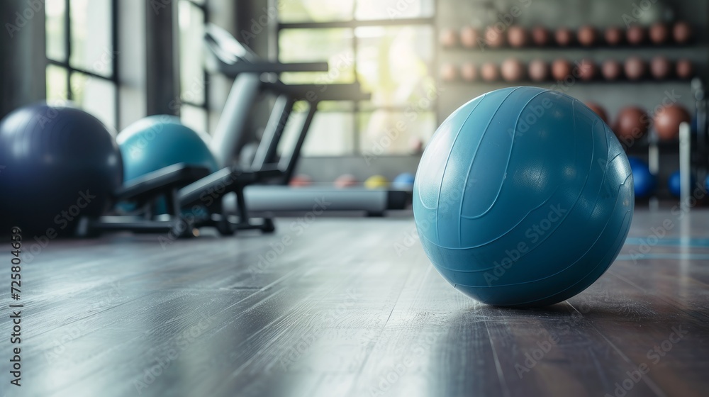 Different sports equipment and fitness ball in gym Different sports equipment and fitness ball in gym