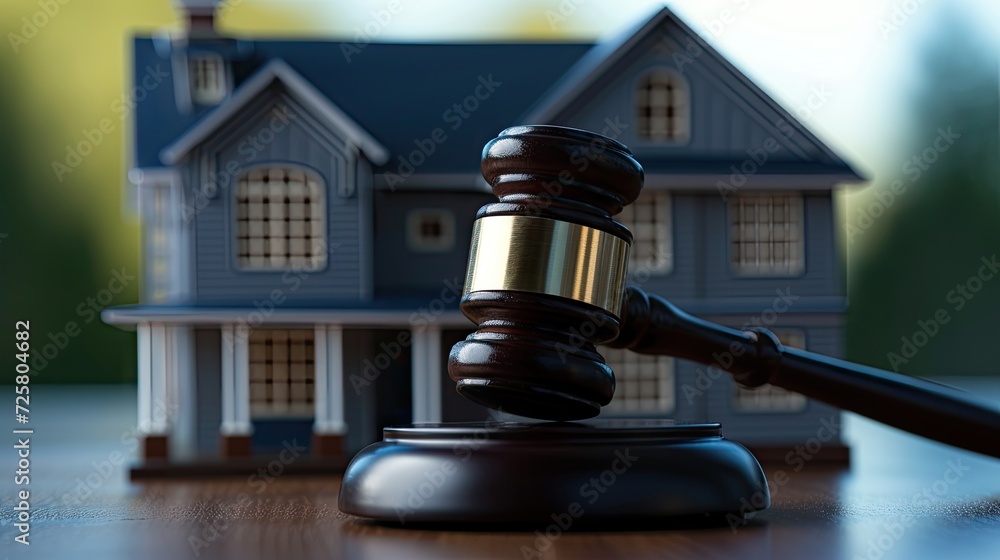 A different angle showcasing the gavel on a house during an auction, emphasizing the legal process and competitive dynamics in the real estate market, ideal for marketing property transactions A different angle showcasing the gavel on a house during an auction, emphasizing the legal process and competitive dynamics in the real estate market, ideal for marketing property transactions