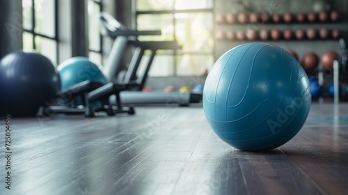 Different sports equipment and fitness ball in gym photo
