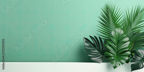 Minimalistic green gradient studio backdrop with tropical leaf accents.