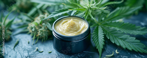 Open Jar of Cannabis-Infused Balm.
Jar of golden cannabis balm with plants around.