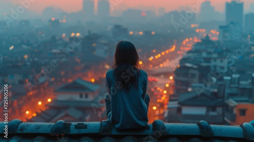 A girl sits with her back on the roof of a house.