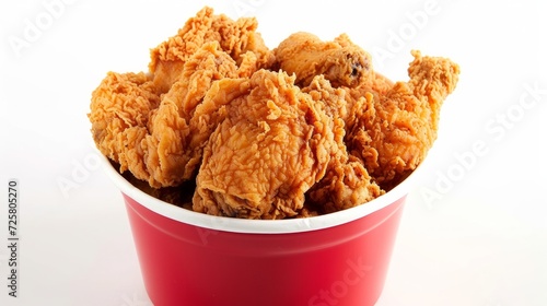 Fried Chicken hot crispy strips crunchy pieces of tenders in a Bucket - large Red box isolated in white background