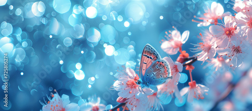 Butterfly on cherry blossoms with bokeh lights on a blue background. Springtime nature and wildlife concept. Design for greeting card, invitation, banner, poster. Macro shot with copy space. photo