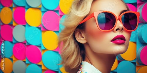 A woman wearing vibrant sunglasses against a colorful background. Perfect for adding a pop of color to any project