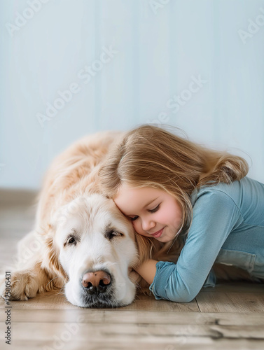AI generated little girl is hugging her dog © DayDay Studio