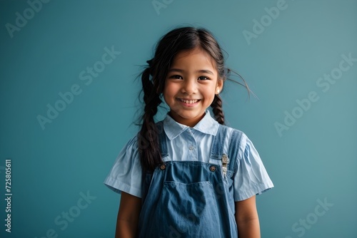 little girl smiling on a blue background, school, back to school, education


