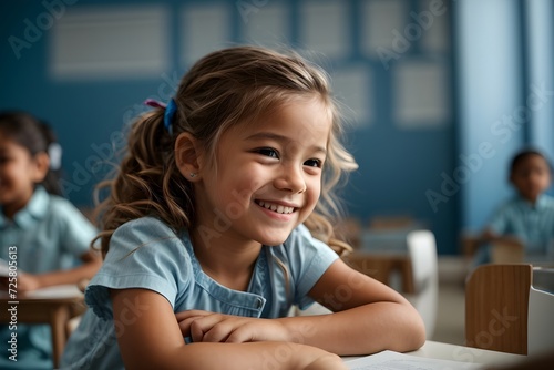 little girl smiling on a blue background, school, back to school, education


