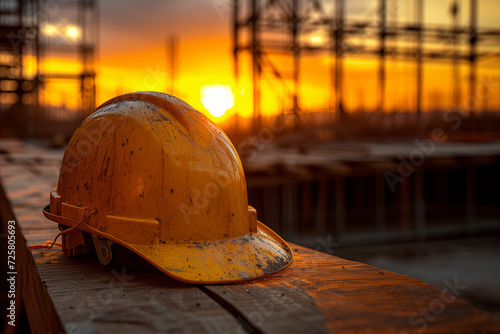 Safety helmet of a construction worker with a scaffolding in the background on a sunset. Protective equipment. Labor day.