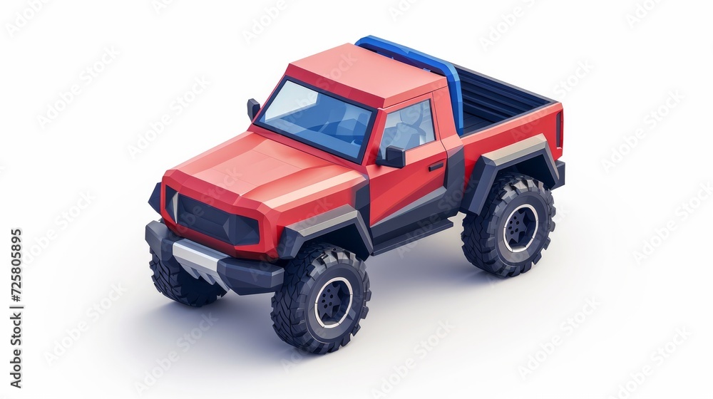 Modern off-road pickup truck car. 4-door midle size work utility suv vehicle. Generic 4x4 double cab pick-up. Isolated vector red and blue object icon on white background in isometric dimetric style