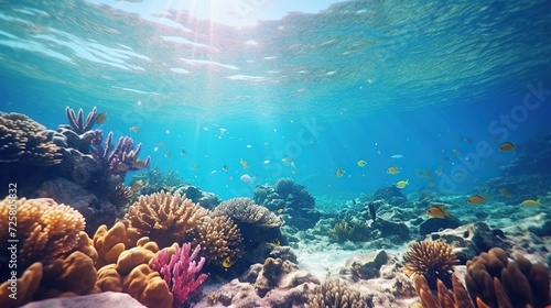 Beautiful coral reef with tropical fish. Blue underwater sea life concept background. Generative AI