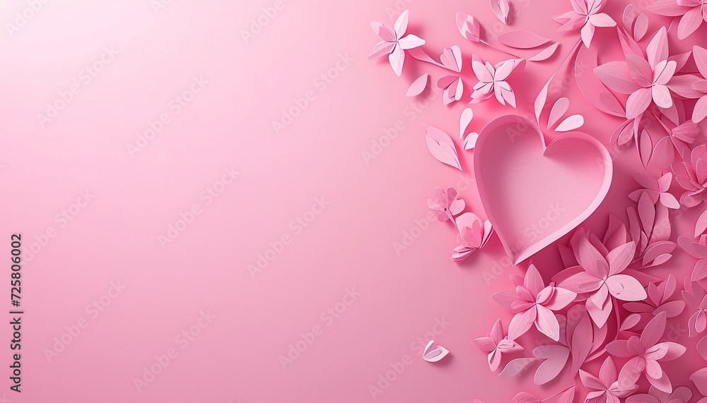 pink background with heart and flowers, Valentines day concept. Flat lay, top view, copy space