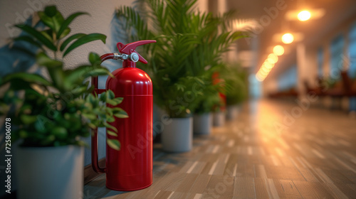 Red fire extinguisher in an office. Concept of prevention, fire emergency, safety, protocol and occupational hazards.  © JMarques