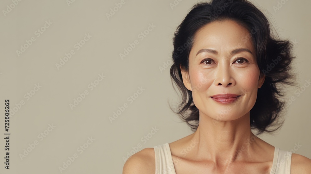portrait of a beautiful middle-aged Asian woman with natural makeup on a neutral background with space for text. The concept of natural beauty and anti-aging skin care portrait of a beautiful middle-aged Asian woman with natural makeup on a neutral background with space for text. The concept of natural beauty and anti-aging skin care