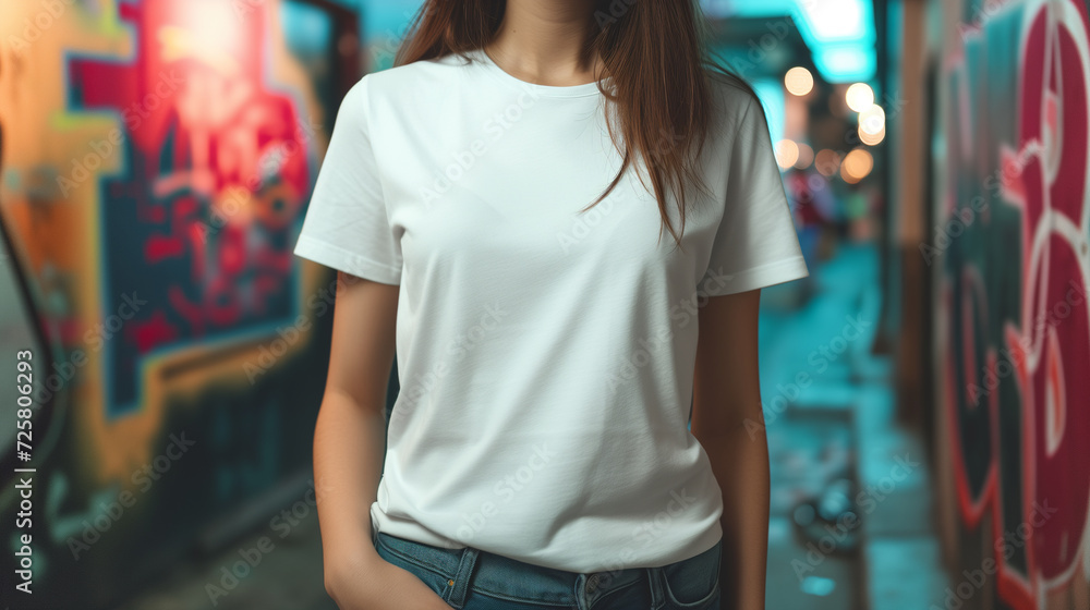 Urban Chic Young Woman in a White Tee and Denim on City Streets Urban Chic Young Woman in a White Tee and Denim on City Streets