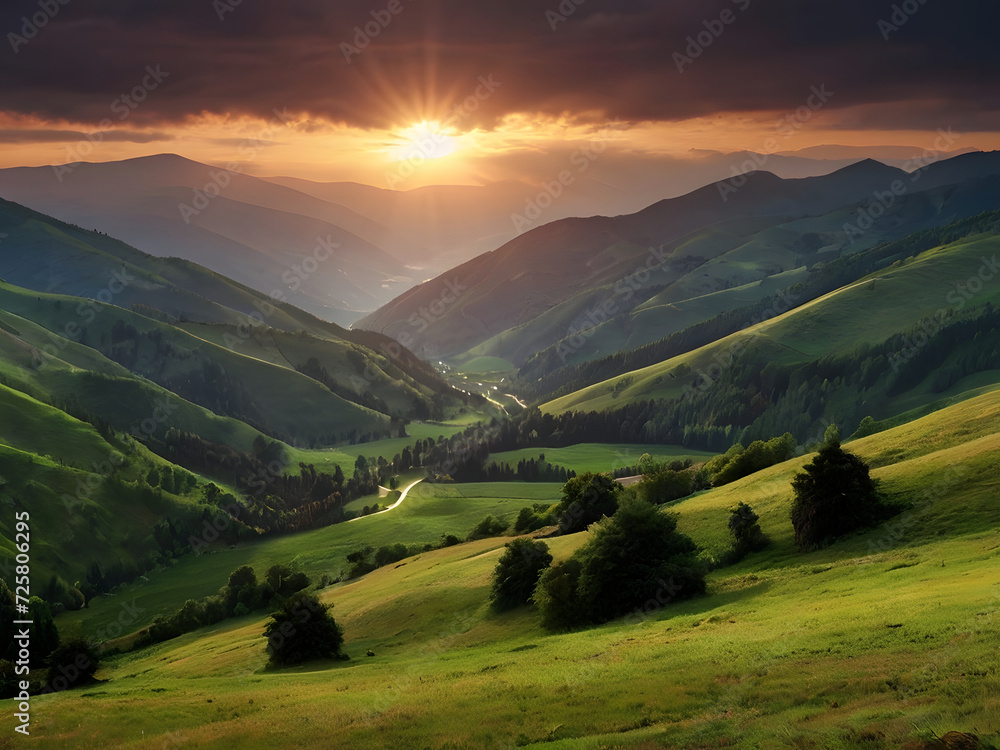 Majestic sunset in the mountains landscape. Dramatic sky.