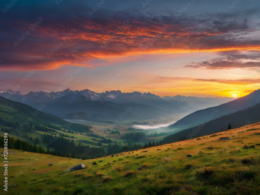 Sunset landscape with green grass meadow, high peaks and foggy valley under vibrant colorful evening sky in rocky mountains.