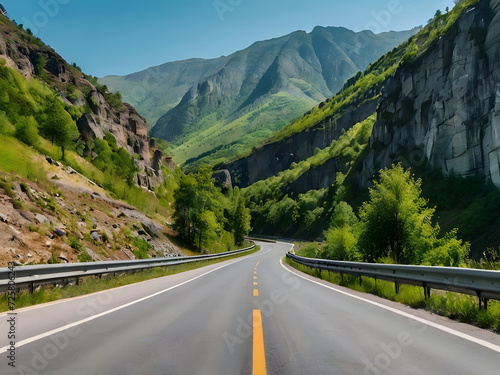 Road in mountains at sunny day in summer. Beautiful roadway, green trees, high rocks, blue sky with clouds. Landscape with empty highway through the mountain pass in spring.