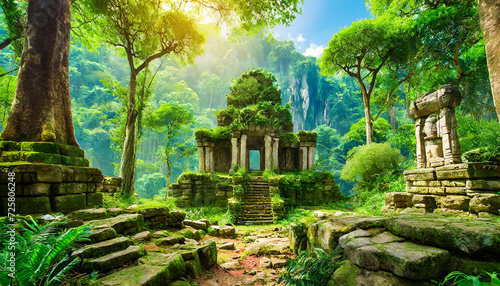 Fototapeta Naklejka Na Ścianę i Meble -  jungle with stone Mayan temple ruins. Fantasy forest landscape with green trees and bushes