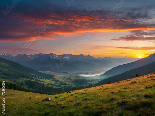 Sunset landscape with green grass meadow, high peaks and foggy valley under vibrant colorful evening sky in rocky mountains. © Mx